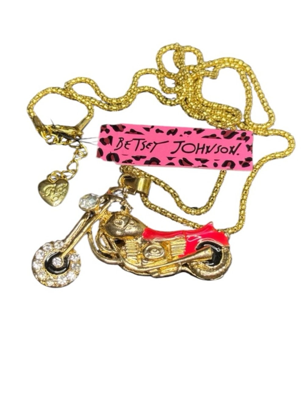 NWT Betsey Johnson Gold and Red Motorcycle Necklace, Crystal Accents